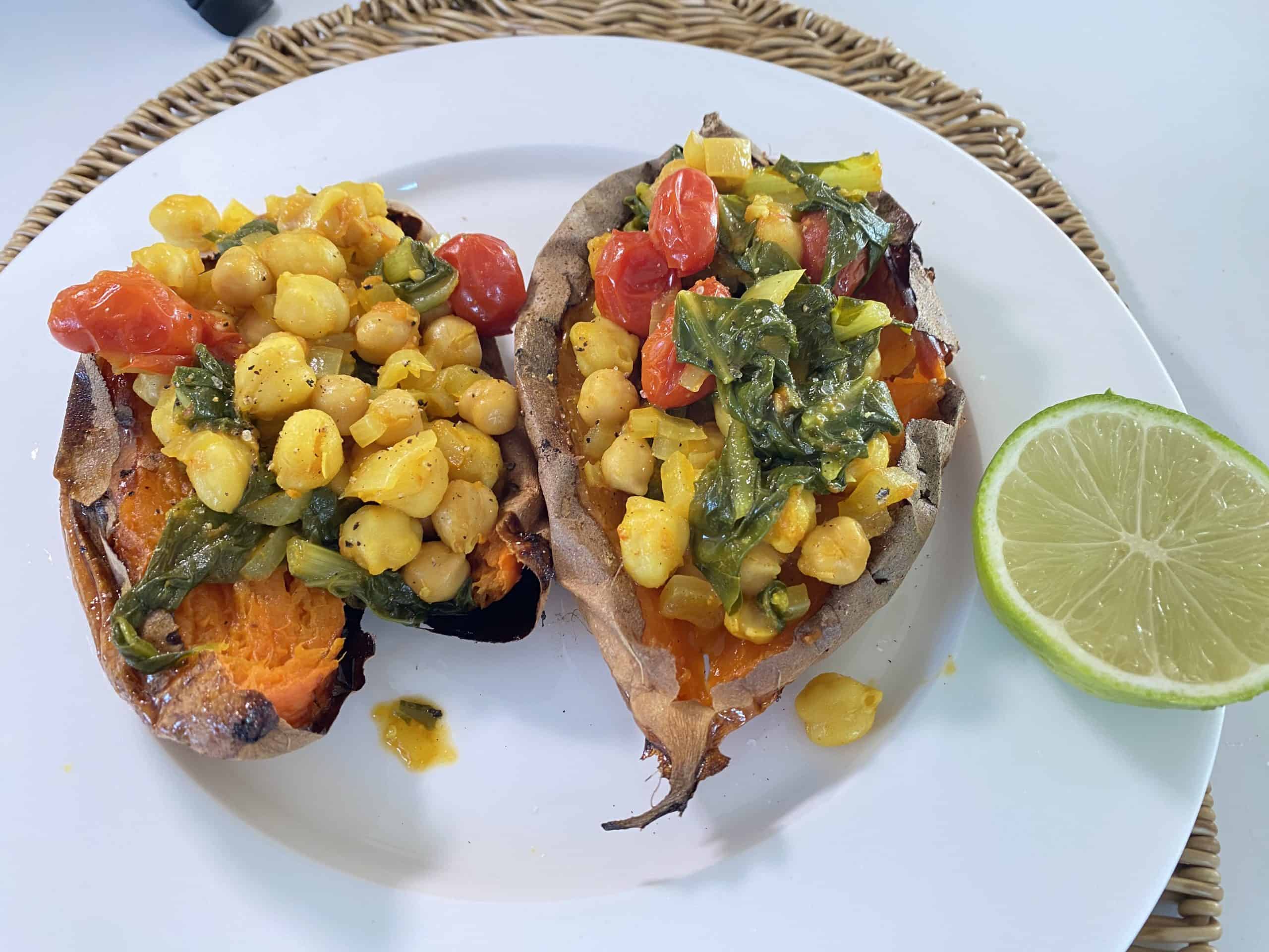 Chickpea and Swiss chard Stew on top of Baked Sweet Potatoes